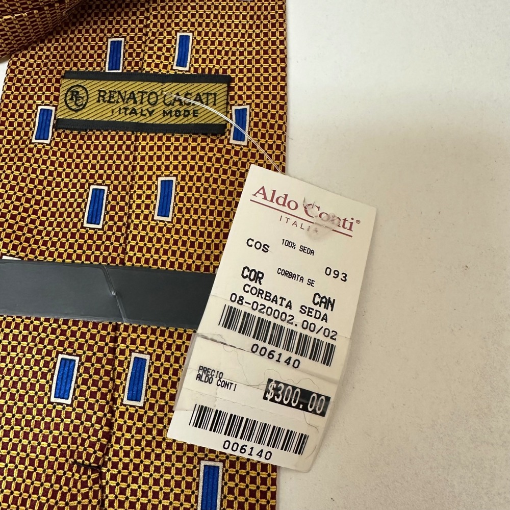 Renato Casati Italy Mode Silk Tie Gold Blue Geometric Pattern NWT - Picture 5 of 6
